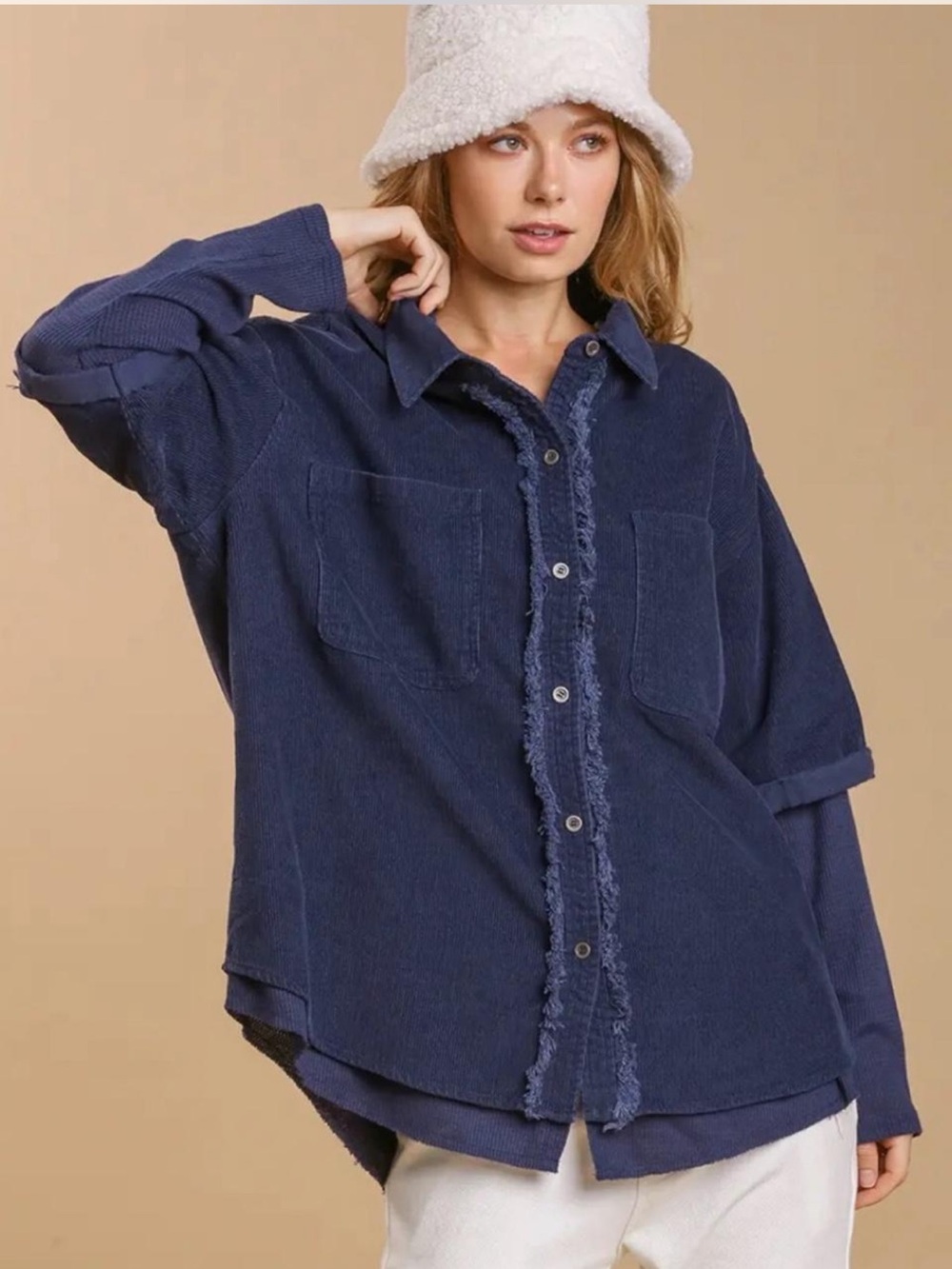 Umgee Frayed-Trim Navy Corduroy Button-Down Thermal Sleeve Layered Shirt NWT